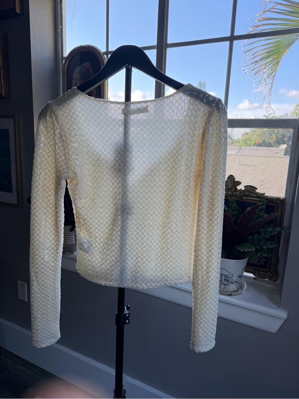 Elodie Ivory Long-Sleeve Sequin Diamond Mesh Top